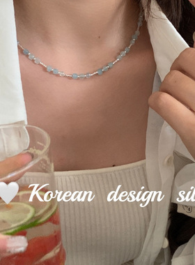 日韩ins网红银饰品 925纯银切面海蓝宝车花管项链简约小众高级感