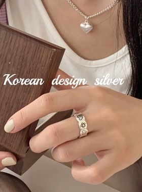 韩国ins风饰品 925纯银指环 六芒星心形微笑戒指开口叠戴女个性