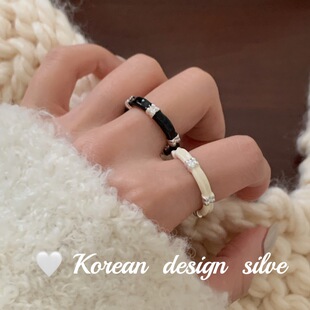 韩国ins风设计高级感银饰 S925纯银黑白滴釉麻花拼接戒指个性小众