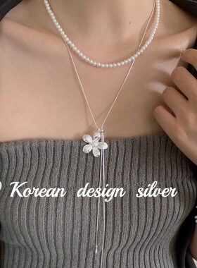 韩国简约设计银饰 S925纯银拉丝花花水滴可调节抽拉项链ins毛衣