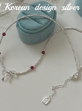 韩国高级感小众百搭饰品 S925纯银 蝴蝶结红玛瑙切面珠子项链百搭