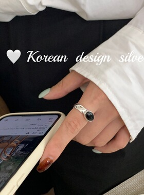 韩国ins风饰品女 S925纯银椭圆形黑玛瑙戒指 开口叠戴高级感简约
