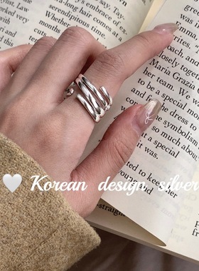 韩国小众设计宽版亮银饰品 S925纯银螺纹重工戒指 开口叠戴高级感