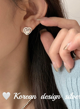 韩国2024年秋冬款小众耳饰 S925纯银亮面爱心形耳钉ins养耳洞耳环