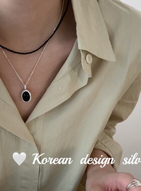 韩国小众设计ins S925纯银椭圆双面玉髓黑玛瑙项链 显锁骨质感女