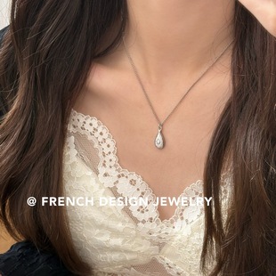 法式 优雅布契风拉丝S925纯银水滴合成立方氧化锆项链高级锁骨链