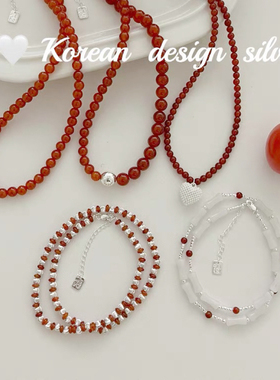 韩国轻奢高级感锁骨链 S925纯银简约红色圆珠项链 圣诞新年百搭款