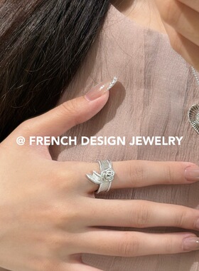 法式高级感布契风拉丝指环S925纯银玫瑰花丝带戒指小众优雅