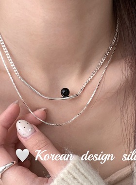 韩国东大门银饰 S925纯银双层重工黑玛瑙项链 小众设计ins女