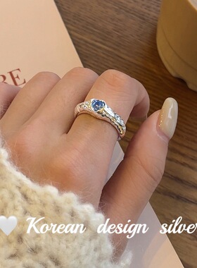 韩国2024新款指环 S925纯银爱心肌理纹黑钻戒指 高级设计感ins女