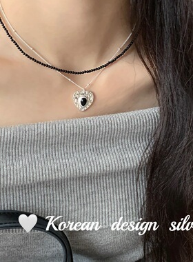 韩国重工饰品 S925纯银爱心之眼黑玛瑙项链 ins风叠戴高级感女