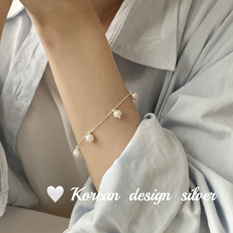 韩国手工个性设计款S925纯银圆形天然淡水珍珠手链简约叠戴女串珠