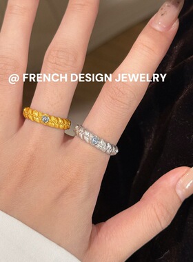 法式布契风拉丝高级感蓝色爱心锆石戒指S925纯银小众设计复古