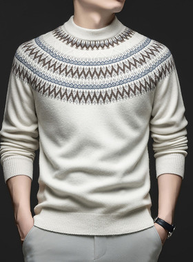冬季加厚圆领民族风波浪纹插肩袖环条纹休闲青年100纯羊毛男毛衣