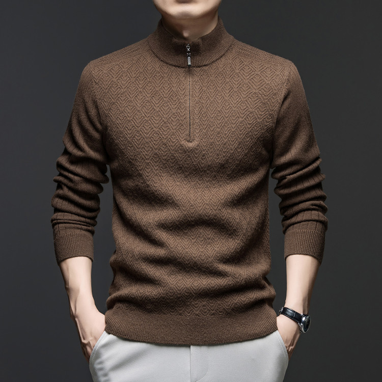 冬季加厚保暖拉链半高领菱形鱼鳞纹提花中年休闲100纯羊毛男毛衣