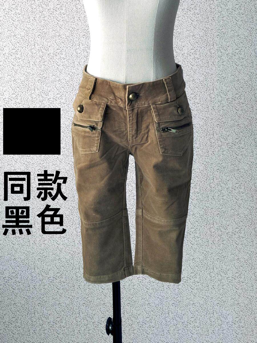 春秋女休闲黑色土黄色驼色低腰灯芯绒平绒直筒口袋拉链装饰七分裤