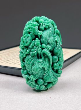 国之翡翠独山玉满绿纯手工雕刻立体招财铜钱貔貅手把件吊件小摆摊