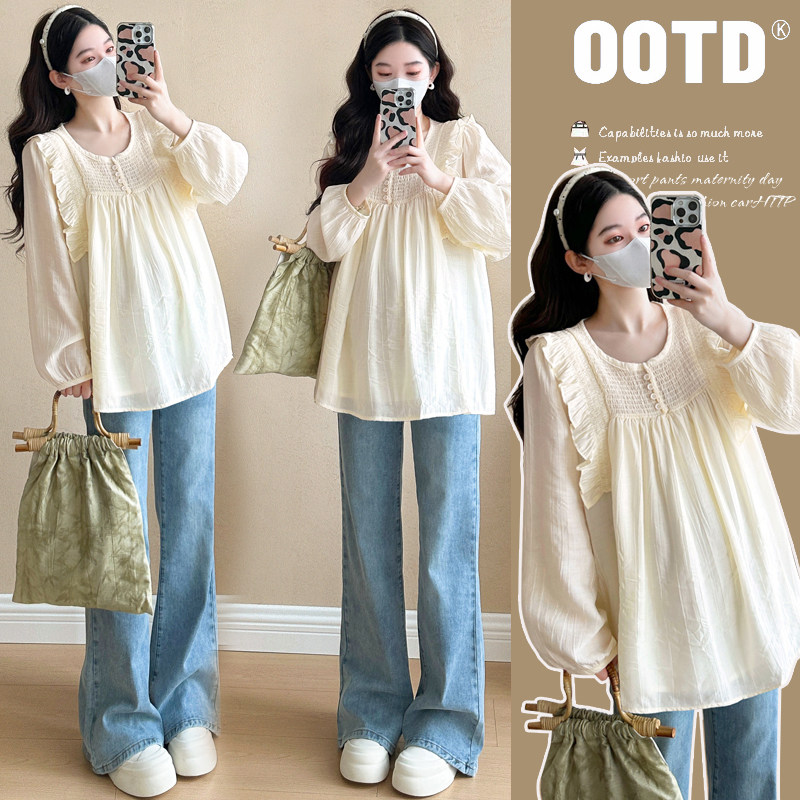 孕妇装春装时尚款娃娃衫百搭孕妇衬衣中长款洋气宽松长袖孕妇上衣