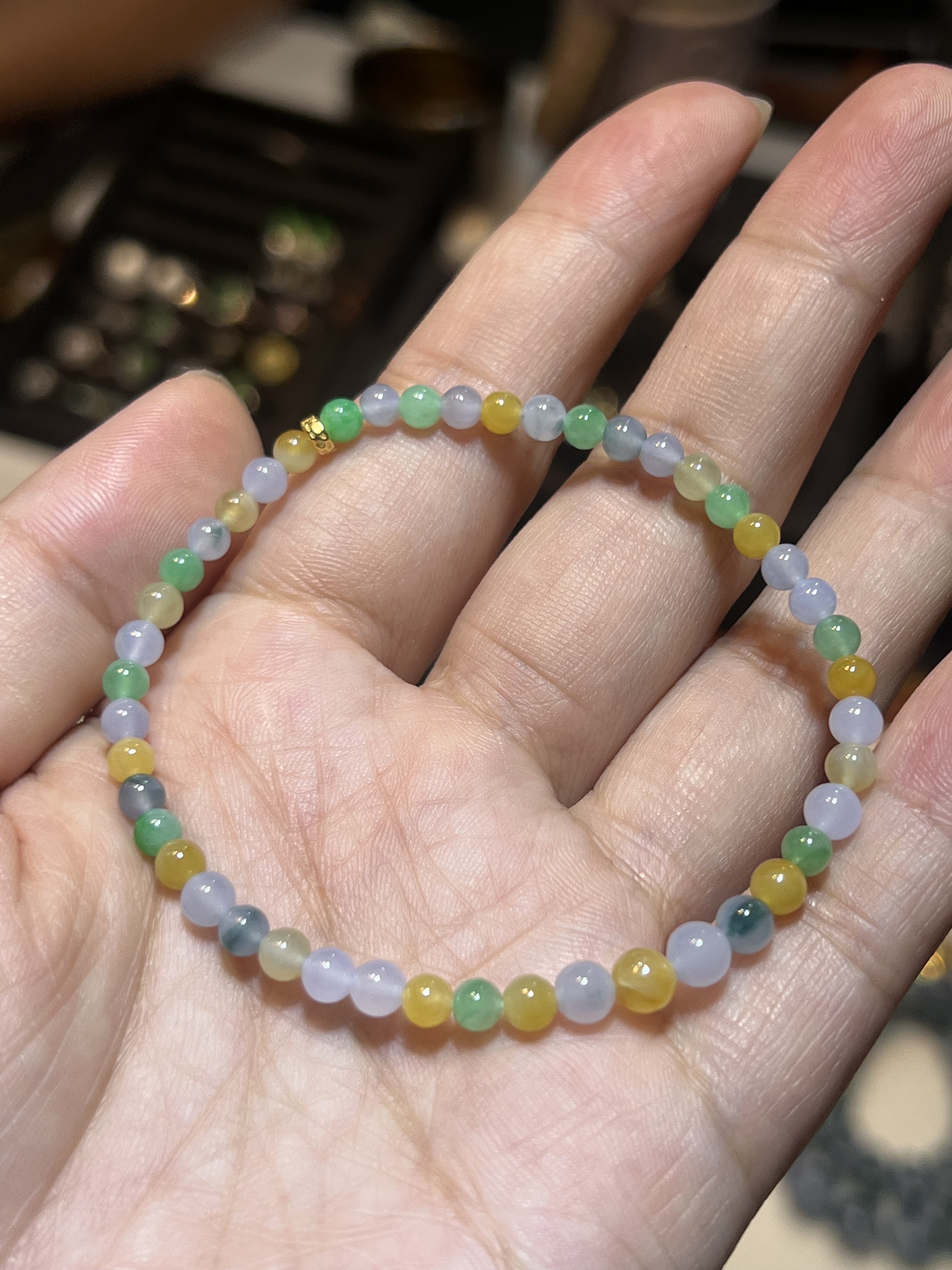 天然缅甸翡翠A货冰种三彩多宝圆珠手链手串单圈卡4.6-5mm