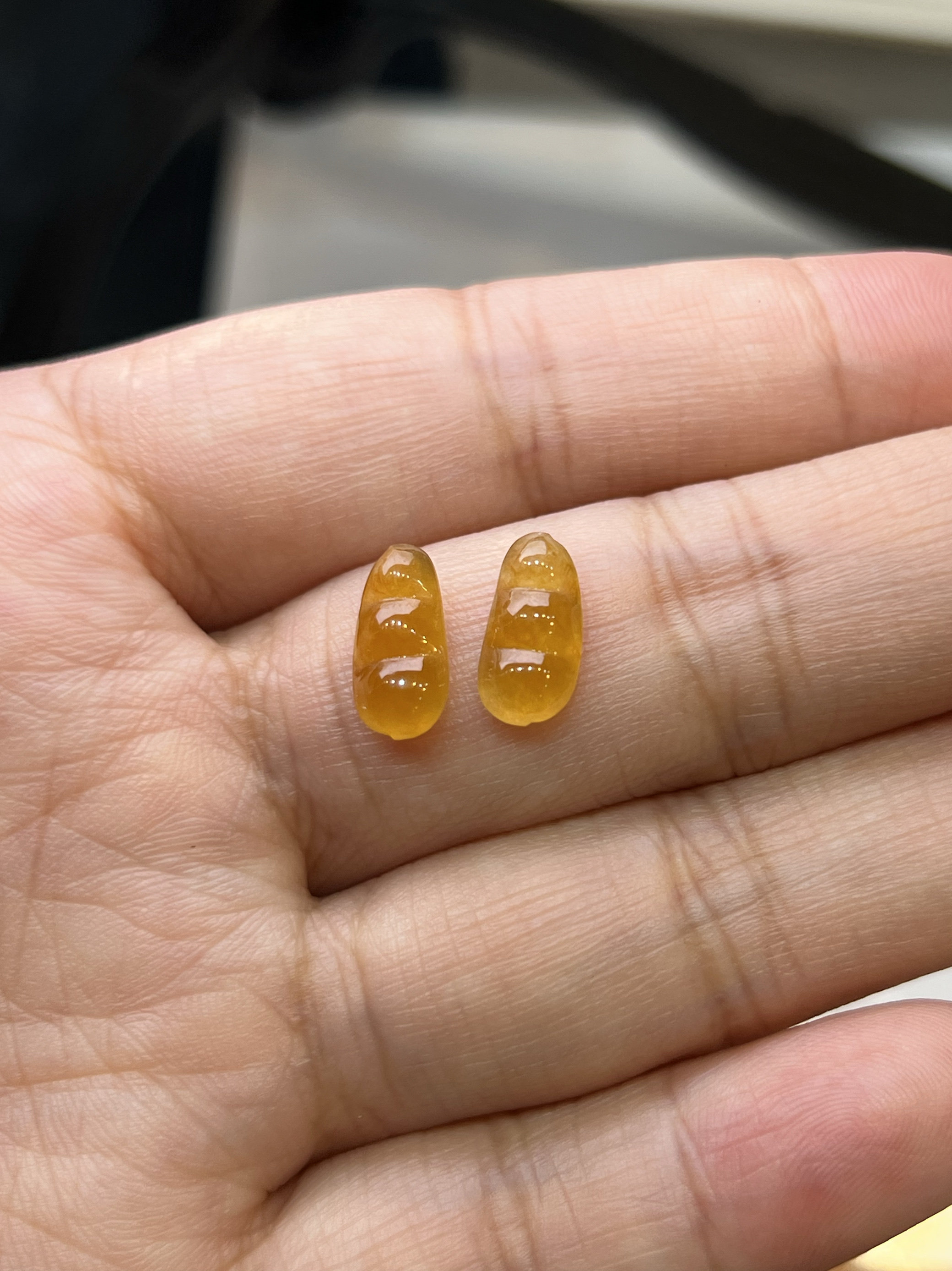 天然缅甸玉石翡翠A货冰种黄翡福豆一对裸石戒面耳坠耳饰