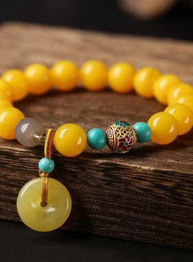 琉璃仿蜜蜡鸡油黄单圈红玛瑙平安扣手链复古中式女孩手链学生闺蜜