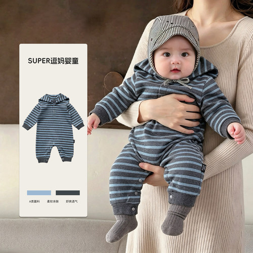 婴儿秋季连体衣3个月宝宝衣服秋装时尚韩范洋气男宝长袖爬服早秋