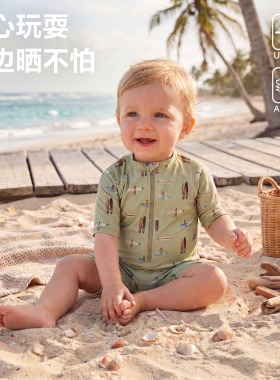 儿童连体泳衣1-3岁男宝宝防晒游泳衣卡通印花速干泳装海边度假风