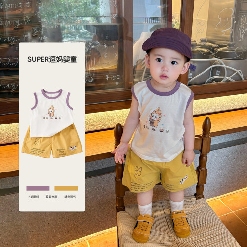 宝宝分体套装男宝衣服夏装时尚韩范洋气无袖上衣休闲裤两件套周岁