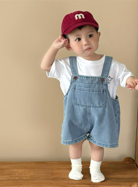 男童套装夏宝宝衣服夏装韩版洋气牛仔背带字母T恤两件套夏季新款