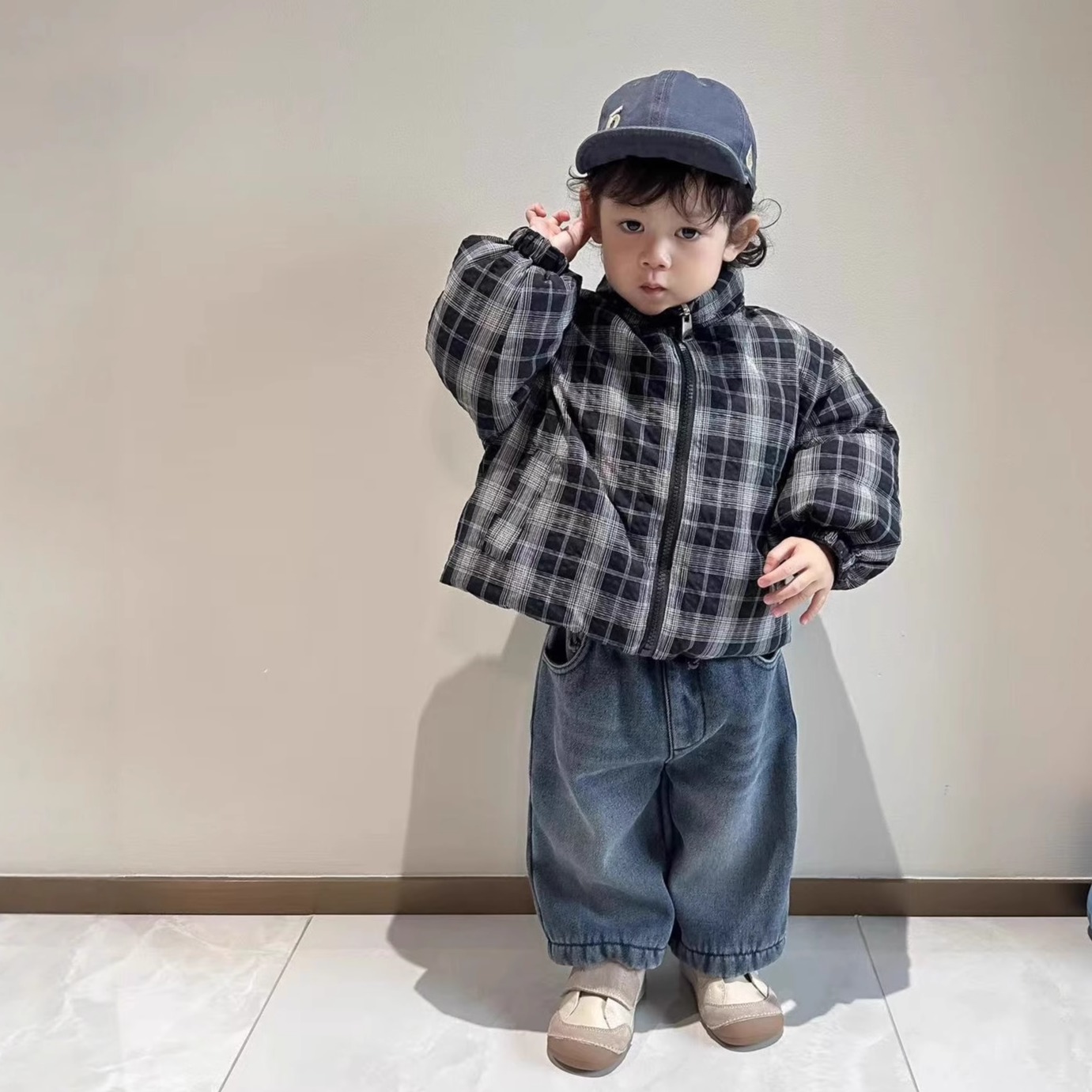 男宝宝洋气时髦冬装套装帅气婴儿夹棉外套韩系穿搭加厚打底裤子潮