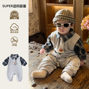 三个月宝宝衣服春装超萌婴儿服韩版洋气春款假两件爬服男宝外出服