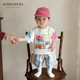 男童酷帅2025夏装宝宝洋气时髦套装韩系多巴胺穿搭卡通T恤两件套