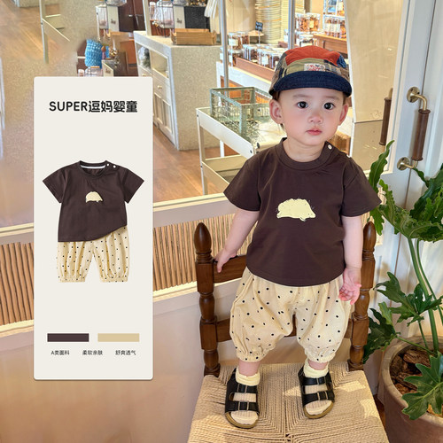 男宝夏季衣服婴儿夏装超萌韩系休闲风短袖防蚊裤分体套装夏日薄款