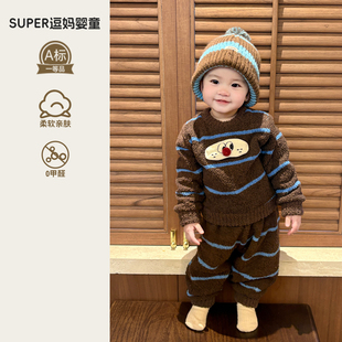 男宝冬装套装2026新款超萌婴儿服韩版洋气冬款加绒加厚睡衣两件套