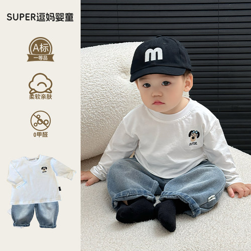 宝宝春装衣服婴幼儿男宝宝牛仔裤套装秋季超萌韩系卡通长袖两件套