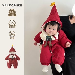 婴儿连体衣冬加厚外出服超萌韩系婴幼儿夹棉加绒连帽爬服冬季新款