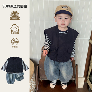 一岁宝宝春装套潮帅气时髦男宝衣服春季新款马甲T恤裤子三件套春