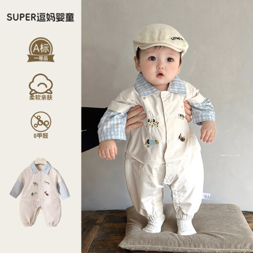 秋季婴儿衣服男宝外出服超韩洋气婴幼儿时髦一衣两穿连体服春秋款