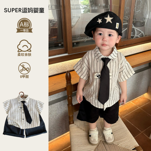 男宝夏日套装痞帅风洋气时髦绅士领带衬衣夏款休闲裤分体两件套韩