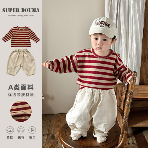 男童套装春秋款2026新款宝宝衣服春装超韩洋气条纹T休闲裤两件套