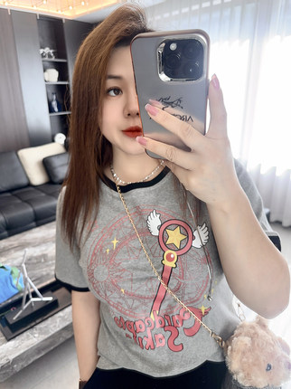 大码女装胖mm2025年春装夏装新款宽松短袖撞色美少女半袖上衣遮肉