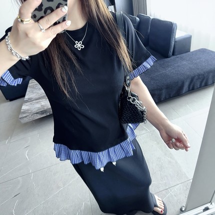 淑女格子 大码女装胖mm新款春夏装2025年半袖短袖木耳边遮肉t恤