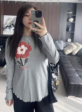 毛线花 大码女装长袖2024年新款胖mm秋装冬装圆领收腰打底衫t恤