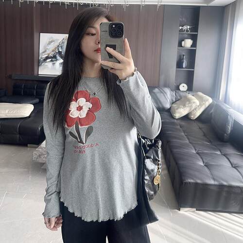 毛线花 大码女装长袖2024年新款胖mm秋装冬装圆领收腰打底衫t恤