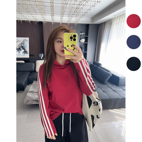 学院风三条杠大码女装胖mm24年秋冬装新款连帽T恤打底衫显瘦上衣