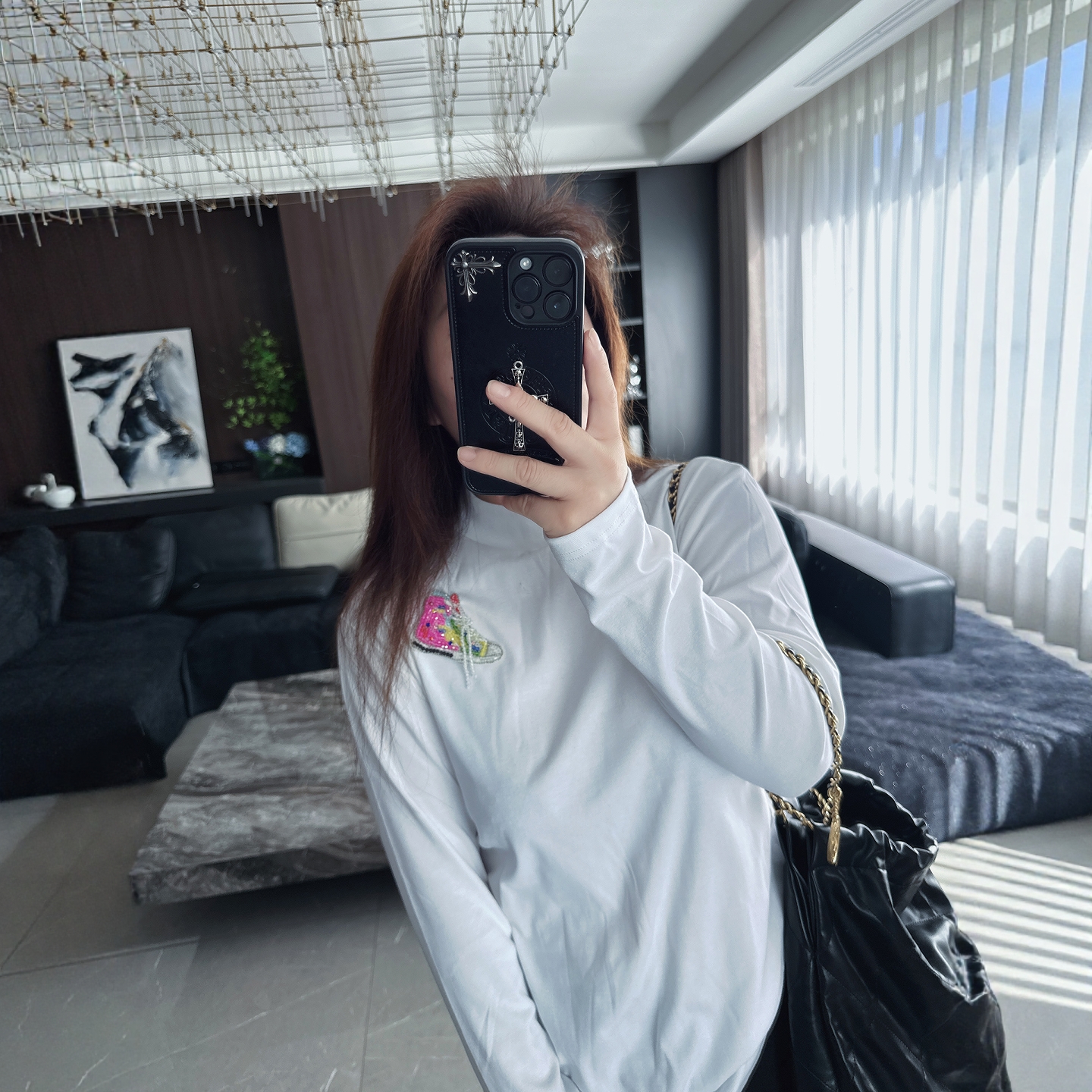 大码女装2025年胖mm秋冬新款重工鞋子钉珠打底衫T恤内搭上衣