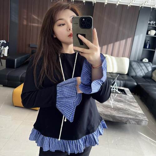 设计感木耳边 大码女装胖mm2025年秋装冬装新款长袖打底衫t恤上衣