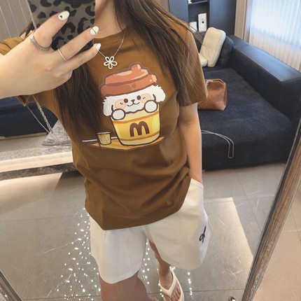 气质咖啡 大码女装显瘦宽松春夏款2025年胖mm短袖半袖t恤上衣打底