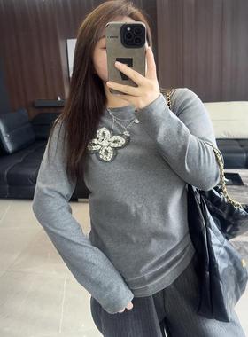 重工大码女装胖mm2025年秋冬装新款长袖打底衫闪钻花朵钻t恤上衣