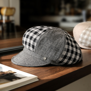 小野商 亚麻格纹拼接报童帽八角帽薄款透气时髦鸭舌帽遮阳帽新款